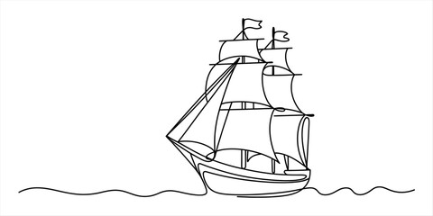 Continuous single line drawing of a tall sailing ship on the ocean waves © DCB Line Stocker