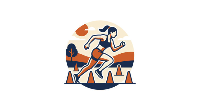 Woman running outdoor bootcamp with cones, navy orange palette, representing fitness and athletic training