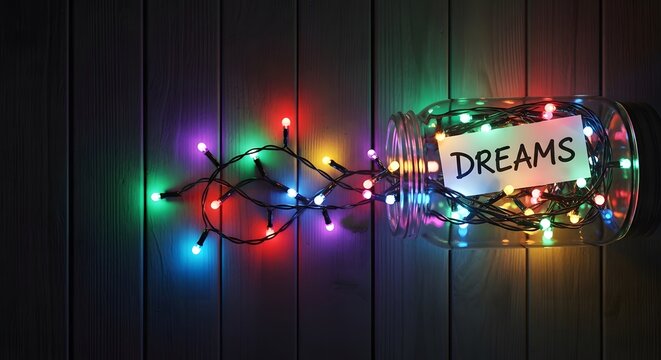 Dreams in a jar colorful fairy lights and handwritten note concept