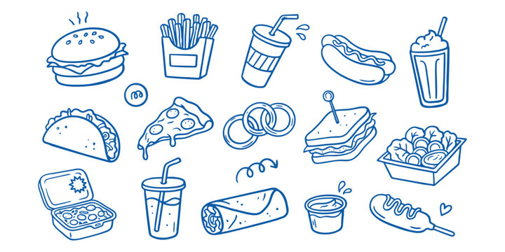 Set of hand drawn fast food icons with burgers fries and drinks in blue doodle style