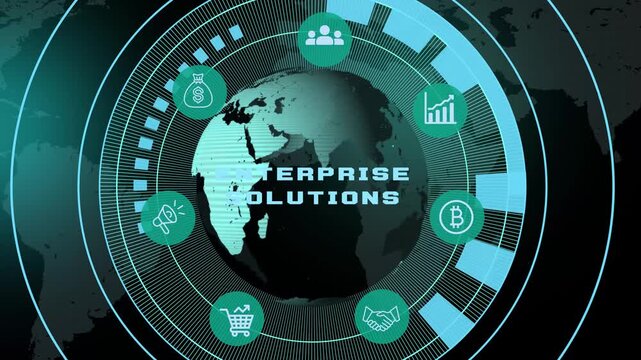 Digital enterprise solutions network background featuring global communication data sphere. Futuristic corporate tech.