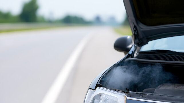 Broken car emit steam from open hood on roadside, engine overheat fail on highway, blue vehicle problem on lonely road, close up