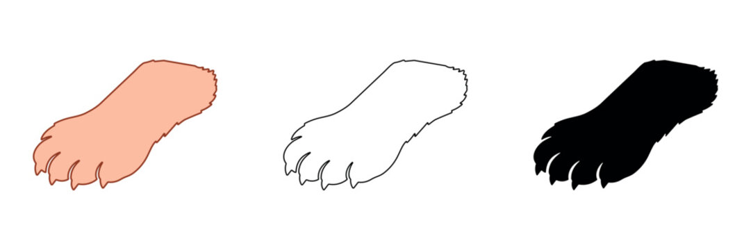 Collection of three animal paw prints in different styles: color, outline, and silhouette