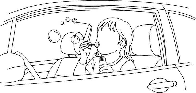Woman drinking through straw in car interior.