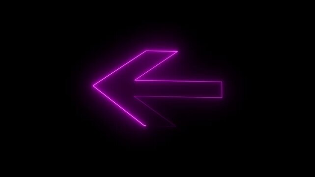 Neon glowing pink color back arrow icon on black background. 
