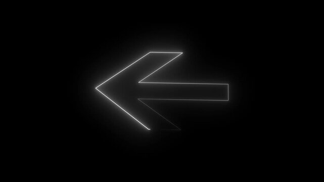 Neon glowing white color back arrow icon on black background. 