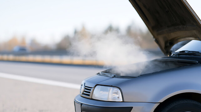 Broken car emit vapor from engine on roadside, concept of old vehicle problem, need help and roadside assistance. Smoke and fumes from car failure