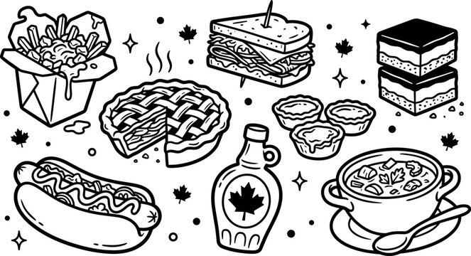 Vector outline cartoon doodle set of traditional Canadian cuisine and comfort food featuring maple syrup poutine pie sandwich hot dog and soup