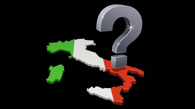 Large metallic question mark spinning over the Italy map with flag. Crisis and political uncertainty concept. Chroma key green screen with alpha channel. (loopable)