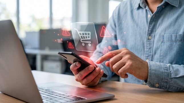 Online shopping with a smartphone and laptop as a person makes digital purchases at a desk during the day to complete secure ecommerce transactions with convenience.