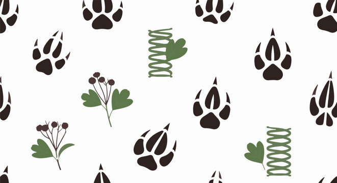 Pattern of animal paw prints and DNA strands with plants.