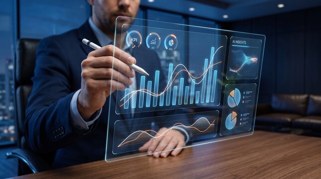 Business analytics displayed on a digital dashboard as a professional reviews performance metrics in a contemporary office during daily operations to support informed decisions and growth.