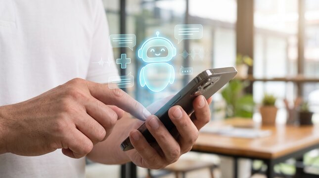 Mobile chatbot on a smartphone used by an adult in a contemporary coffee shop during a work session, highlighting digital communication, AI technology, and connected lifestyle.