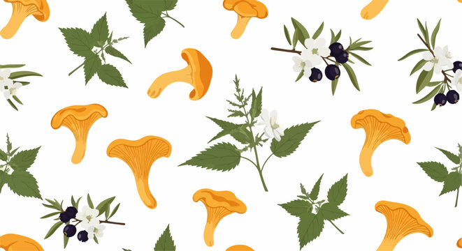 Colorful mushrooms and herbs pattern design.