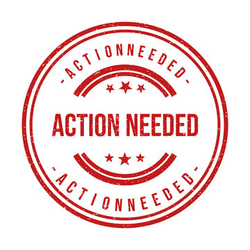 Red round rubber stamp with the text action needed in the center