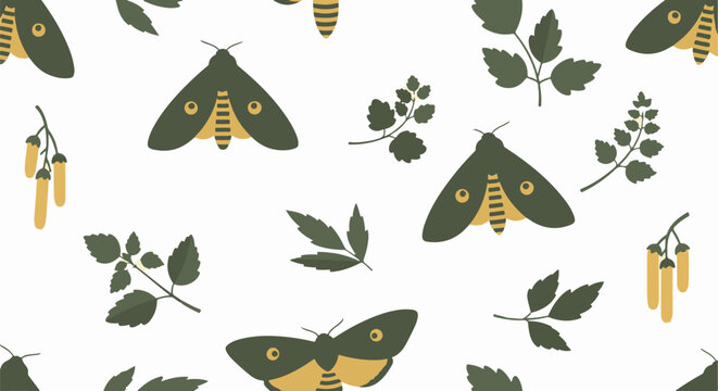 Colorful moths and leaves on a light background.