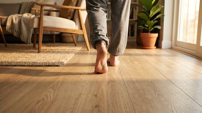 Gros plan sur la texture d'un parquet en bois clair avec une personne marchant pieds nus dans un salon baign&eacute; de soleil