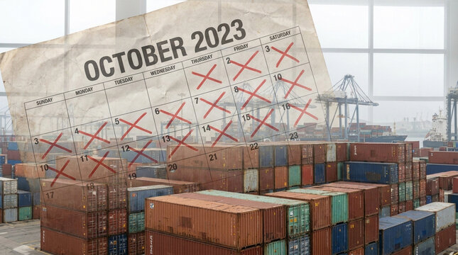 October 2023 calendar overlay on shipping container yard showing supply chain disruption with crossed out dates and industrial port cranes