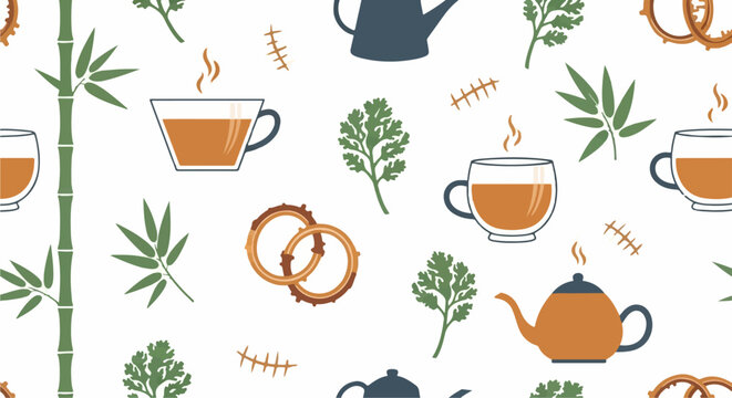Colorful tea and pretzel pattern with plants and kettles.