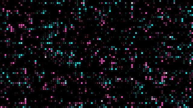 Vibrant pink and cyan glowing square pixels create an abstract digital background, perfect for technology, data, or futuristic design projects and presentations.