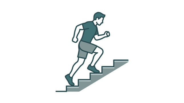 Man running up stairs in side view, teal and grey simple line art, fitness and cardio workout concept