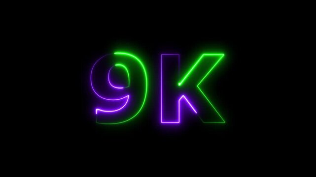 Glowing neon green and purple color 9k text animation on a black background. 4k video