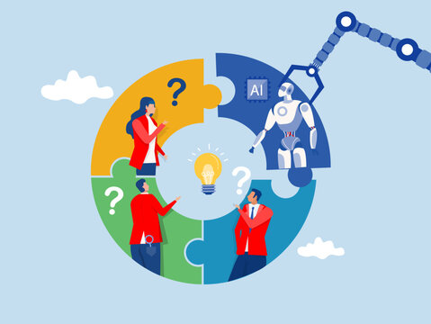 ai AI, Artificial Intelligence,robot new joiner to connect jigsaw puzzle,New joiner to fill in team and solve problem, teamwork to get solution, put right man in the right job to fit job