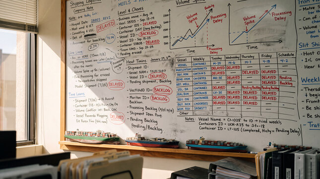 Supply chain disruption analysis on whiteboard with logistics data backlog delay processing volume spike and shipment notes