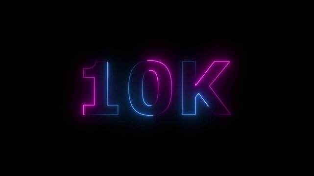 Glowing neon pink and blue color 10k text animation on a black background. 4k video