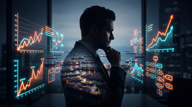 Supply chain disruption challenges analyzed by businessman with digital graphs and cargo ships overlayed showing logistics and trade impact