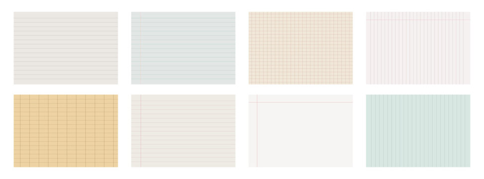 Lined paper template set. Vintage school notebook line page, graph grid sheet, ledger column notes texture graphic paper background