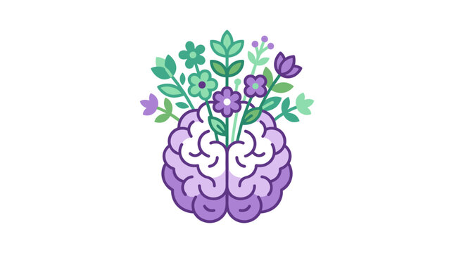 Pixel art brain with growing flowers and leaves, representing positive mindset and mental growth, front view in purple and green color palette