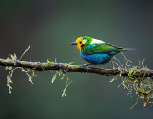 Fototapeta premium Multicolored Tanager Perched on Mossy Branch in Colombian Forest