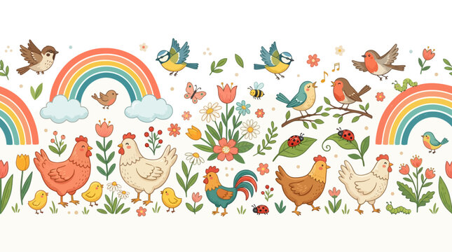 Colorful chickens and roosters standing.