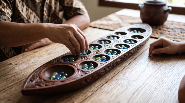 Two people playing a traditional Mancala board game with colorful stones on a wooden table.