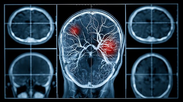 Medical brain scan showing vascular disease and stroke damage