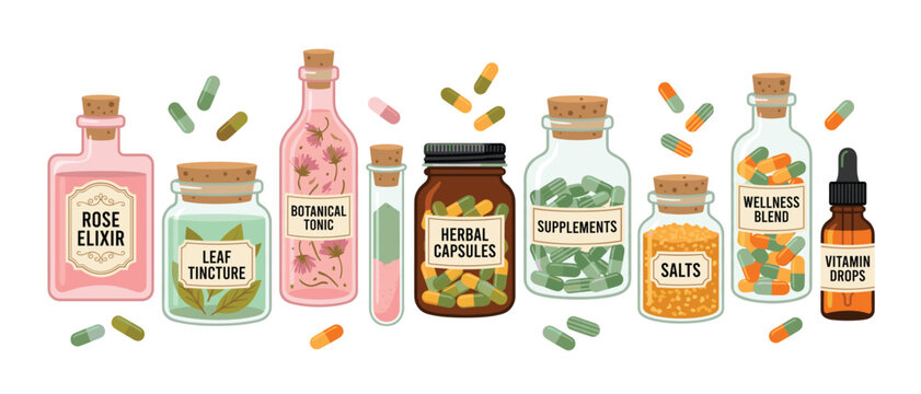 Apothecary wellness bottles and herbal supplements collection. Set of glass jars, capsules, medicine pills, liquid dropper.