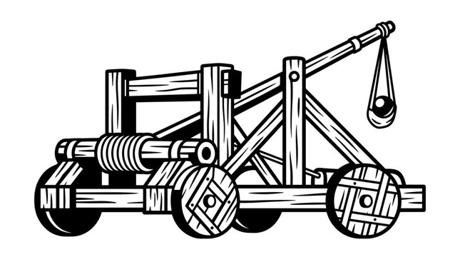Ancient wooden siege catapult weapon illustration.