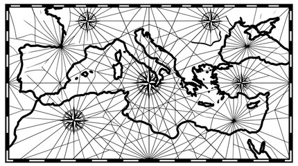 Naklejka premium Antique Mediterranean Sea Nautical Chart with Compass Roses.