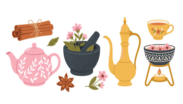 Herbal tea and traditional spa elements collection vector illustration. Set of cozy wellness items including pink teapot, brass pitcher, cinnamon sticks, mortar pestle, isolated on white background.