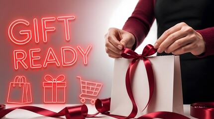 Shopping, retail and woman with gift bag for holiday, customer service and boutique sale. Store, hands and ribbon with neon sign, commercial service and boxing day for christmas present offer now.