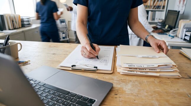 Doctor reviewing patient charts and medical records with laptop on desk