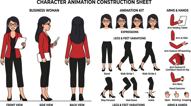Business woman character animation construction sheet featuring front side back views facial expressions legs walk cycles and arm gestures vector.