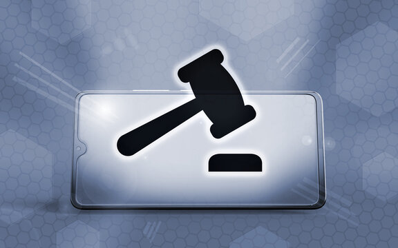 Un tel&eacute;fono inteligente 3D con un icono de un mazo judicial flotando en la pantalla, representando justicia digital, servicios legales m&oacute;viles, asesor&iacute;a jur&iacute;dica online y leyes modernas.