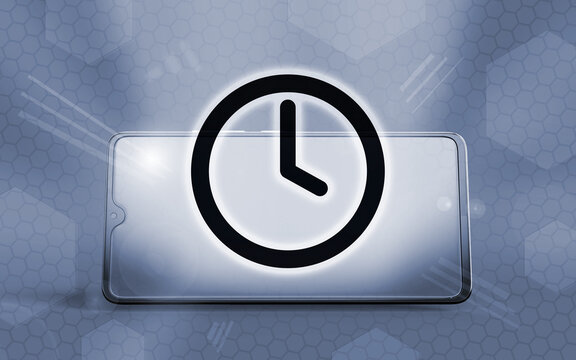 Representaci&oacute;n 3D de un tel&eacute;fono inteligente moderno con un icono de reloj brillante sobre la pantalla, simbolizando la gesti&oacute;n eficiente del tiempo, la puntualidad y la era digital actual.