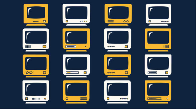 Collection of old computer monitors in yellow and white.