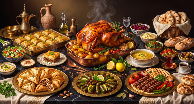 Grand Middle Eastern feast still life painting with roasted turkey and grilled kebab