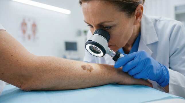 Doctor examining mole on patient's arm with dermatoscope