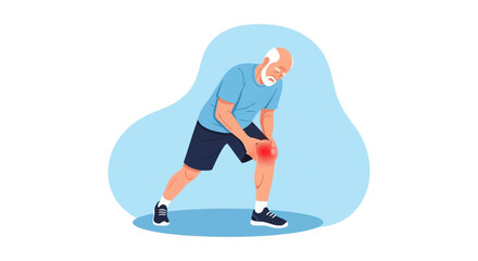 Fototapeta premium Vector illustration of a senior man in sportswear clutching a painful knee with a red glow, representing joint injury, arthritis, or muscle strain during physical activity.