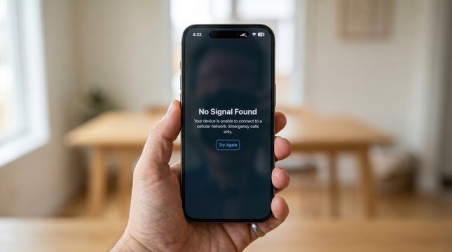 Hand holding smartphone with no signal on screen in room